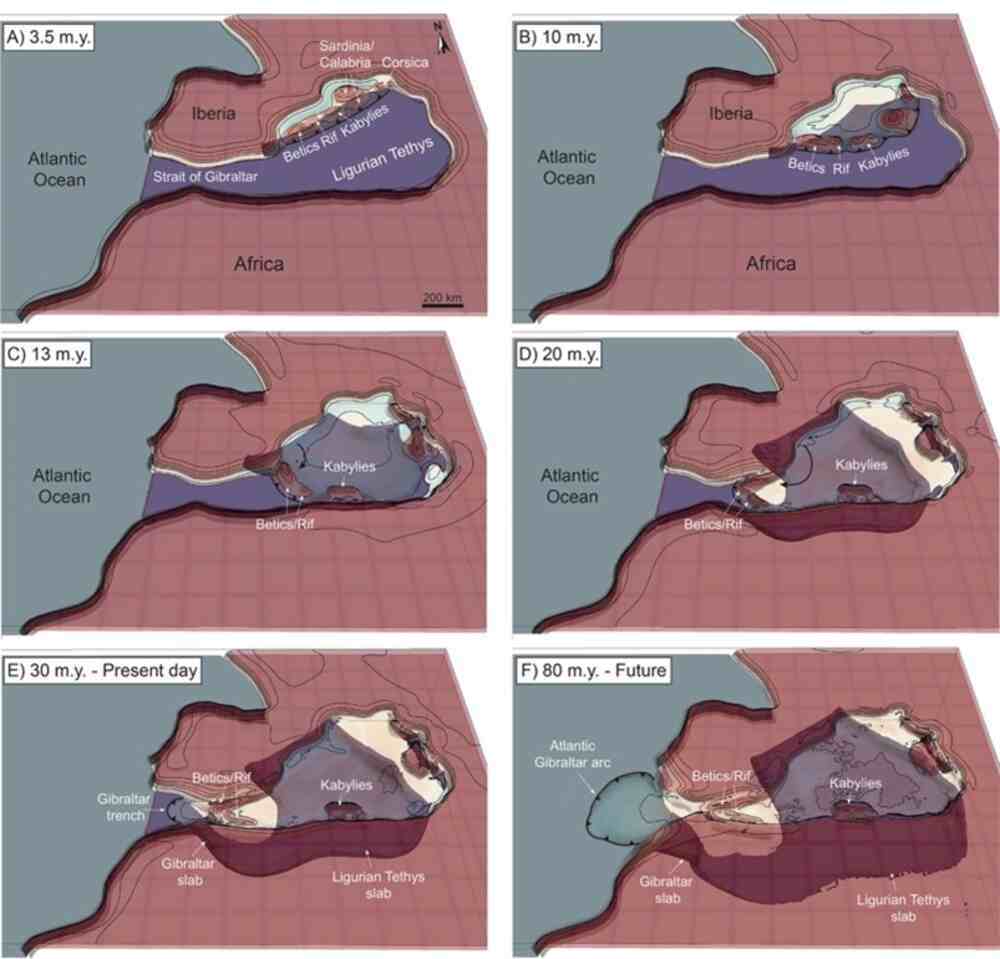 Maps depicting the past and future of the Gibraltar subduction zone from 30 million years ago to 50 million years in the future, based on Duarte et al. (2024). Maps depicting the past and future of the Gibraltar subduction zone from 30 million years ago to 50 million years in the future, based on Duarte et al. (2024).