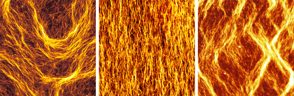 The microtubules formed wave patterns when no stress is applied (left). When the elastomer substrate is expanded and contracted, they turned into an aligned pattern (middle) or a zigzag pattern (right). (Daisuke I. et al., ACS Nano. October 4, 2019)