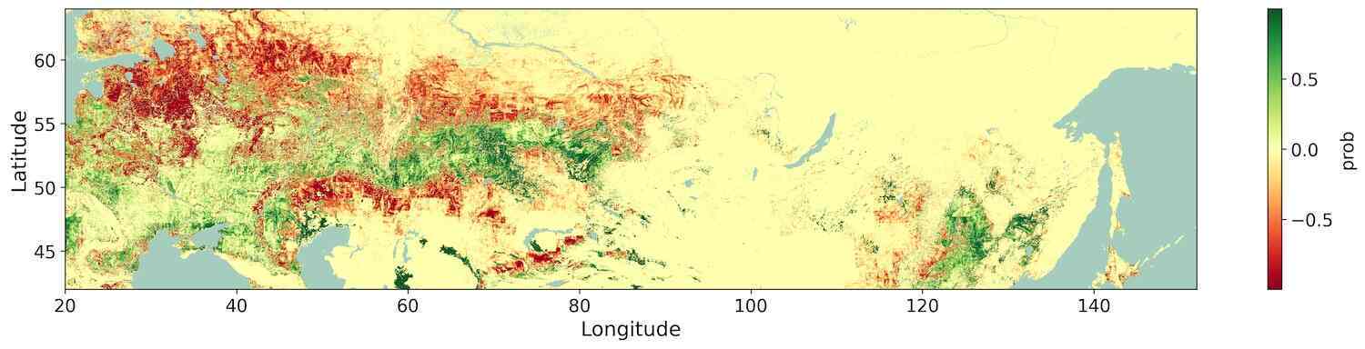 Heatmap of class probabilities from the ensemble model for non-croplands classes for 2050 under the ‘business-as-usual’ trajectory scenario with moderate emissions. 