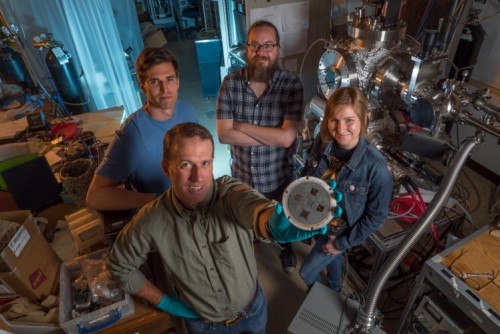 Associate Prof. Barry Zink with (left to right) Devin Wesenberg, Alex Hojem and Rachel Bennett