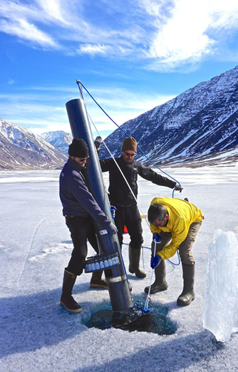A carousel of collection bottles on a sediment trap will isolate material collected in Lake Peters. A carousel of collection bottles on a sediment trap will isolate material collected in Lake Peters.