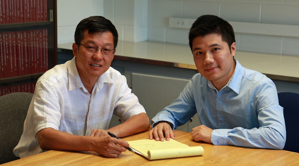 Feng Liu (left), chair of the University of Utah Department of Materials Science and Engineering, and Miao Zhou, a postdoctoral fellow, co-authored a study of a new “topological insulator” that could lead theoretically to faster computing. Photo Credit: Dan Hixson, University of Utah College of Engineering Feng Liu (left), chair of the University of Utah Department of Materials Science and Engineering, and Miao Zhou, a postdoctoral fellow, co-authored a study of a new “topological insulator” that could lead theoretically to faster computing. Photo Credit: Dan Hixson, University of Utah College of Engineering
