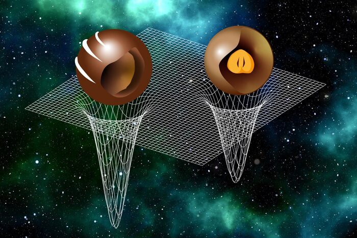 The study of the sound speed has revealed that heavy neutron stars have a stiff mantle and a soft core, while light neutron stars have a soft mantle and a stiff core – much like different chocolate pralines. CREDIT Peter Kiefer & Luciano Rezzolla The study of the sound speed has revealed that heavy neutron stars have a stiff mantle and a soft core, while light neutron stars have a soft mantle and a stiff core – much like different chocolate pralines. CREDIT Peter Kiefer & Luciano Rezzolla