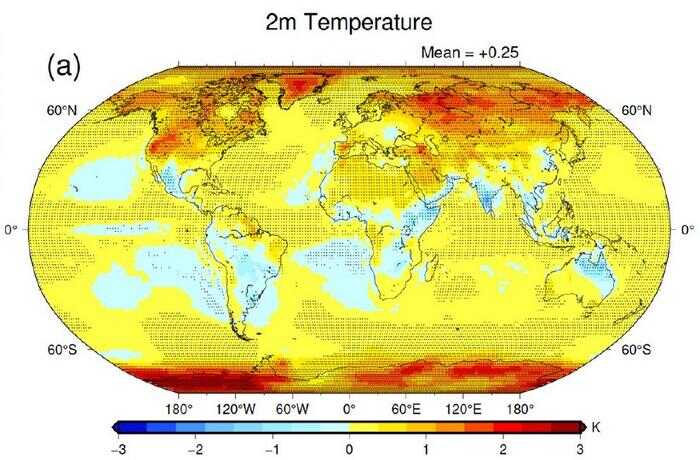 A depiction of the spatial distribution of the radiative impacts of surface changes induced by precipitation on the 2m above-surface temperature.A depiction of the spatial distribution of the radiative impacts of surface changes induced by precipitation on the 2m above-surface temperature. A depiction of the spatial distribution of the radiative impacts of surface changes induced by precipitation on the 2m above-surface temperature.A depiction of the spatial distribution of the radiative impacts of surface changes induced by precipitation on the 2m above-surface temperature.
