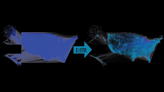 Sparsification of the U.S. mobility network. On the left is the original network with about 26 million edges. On the right, a sparsified network based on effective resistance sampling. CREDIT Mercier et al. Sparsification of the U.S. mobility network. On the left is the original network with about 26 million edges. On the right, a sparsified network based on effective resistance sampling. CREDIT Mercier et al.