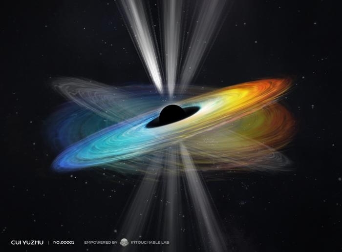 Assuming that the black hole's spin axis is aligned vertically, the jet's direction is nearly perpendicular to the disk. The misalignment between the black hole spin axis and the disk rotation axis results in the precession of both the disk and jet. Assuming that the black hole's spin axis is aligned vertically, the jet's direction is nearly perpendicular to the disk. The misalignment between the black hole spin axis and the disk rotation axis results in the precession of both the disk and jet.