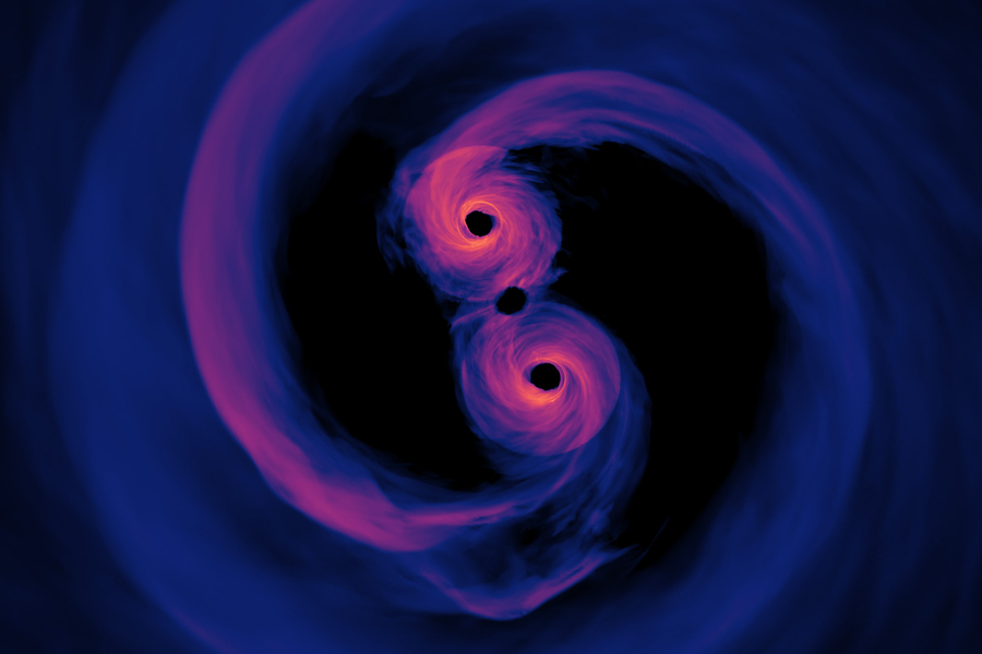 An MIT study finds that, for now, the catalog of known black hole binaries does not reveal anything fundamental about how black holes form. Pictured is a simulation of the light emitted by a supermassive black hole binary system where the surrounding gas is optically thin (transparent). Credits: NASA’s Goddard Space Flight Center An MIT study finds that, for now, the catalog of known black hole binaries does not reveal anything fundamental about how black holes form. Pictured is a simulation of the light emitted by a supermassive black hole binary system where the surrounding gas is optically thin (transparent). Credits: NASA’s Goddard Space Flight Center