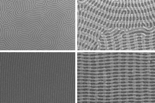 On the top row are two images of a nanomesh bilayer of PDMS cylinders in which the top layer is perpendicular to the complex orientation of the bottom layer. The bottom images show well-ordered nanomesh patterns of PDMS cylinders. The images on the right show zoomed-in views of the images on the left. On the top row are two images of a nanomesh bilayer of PDMS cylinders in which the top layer is perpendicular to the complex orientation of the bottom layer. The bottom images show well-ordered nanomesh patterns of PDMS cylinders. The images on the right show zoomed-in views of the images on the left.