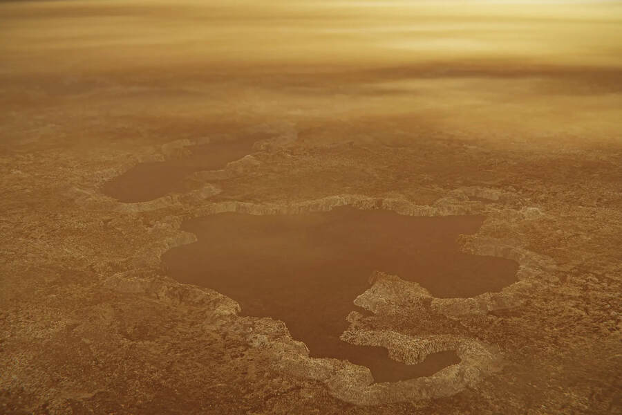 The surface of Titan. Credits:Credit: NASA/JPL; University of Arizona; University of Idaho The surface of Titan. Credits:Credit: NASA/JPL; University of Arizona; University of Idaho