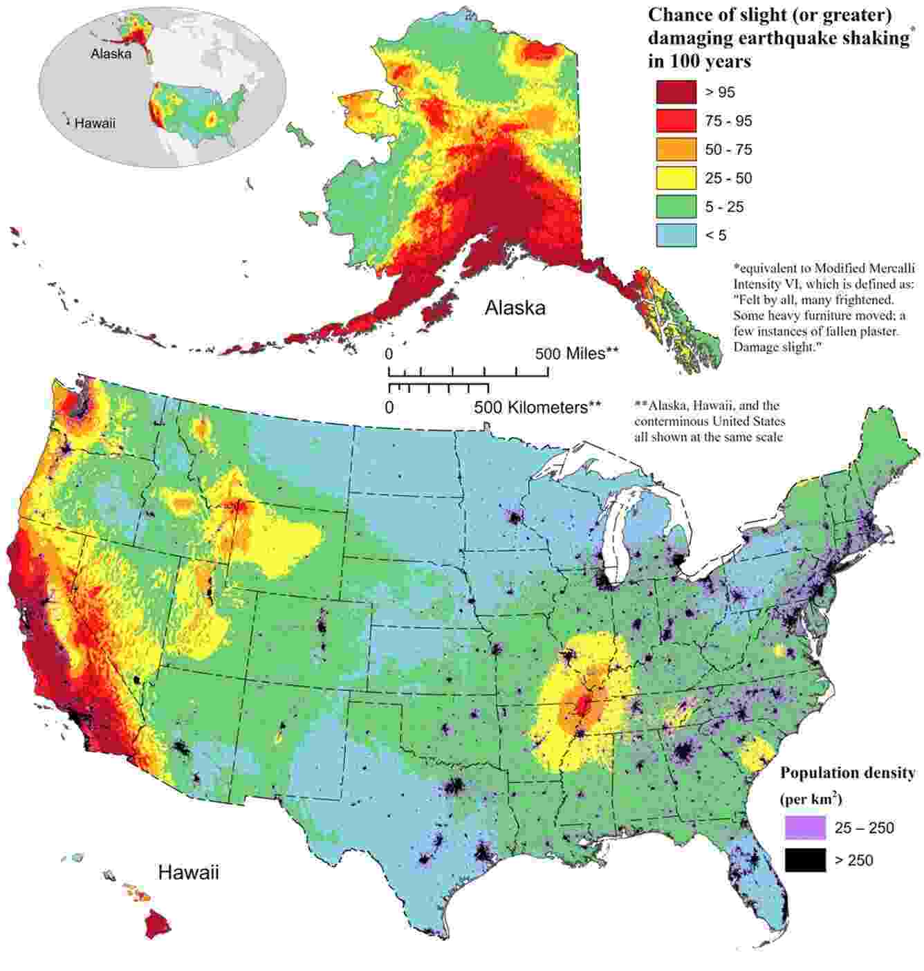 National Seismic Hazard Model (2023). Map displays the likelihood of damaging earthquake shaking in the United States over the next 100 years. National Seismic Hazard Model (2023). Map displays the likelihood of damaging earthquake shaking in the United States over the next 100 years.