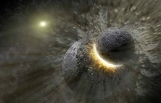 The inner solar system’s biggest known collision was the moon-forming giant impact between a large protoplanet and the proto-Earth. Kilometer-size fragments from this impact hit main belt asteroids at much higher velocities than typical main belt collisions, heating the surface and leaving behind a permanent record of the impact event. (Illustration: NASA/JPL-Caltech) The inner solar system’s biggest known collision was the moon-forming giant impact between a large protoplanet and the proto-Earth. Kilometer-size fragments from this impact hit main belt asteroids at much higher velocities than typical main belt collisions, heating the surface and leaving behind a permanent record of the impact event. (Illustration: NASA/JPL-Caltech)