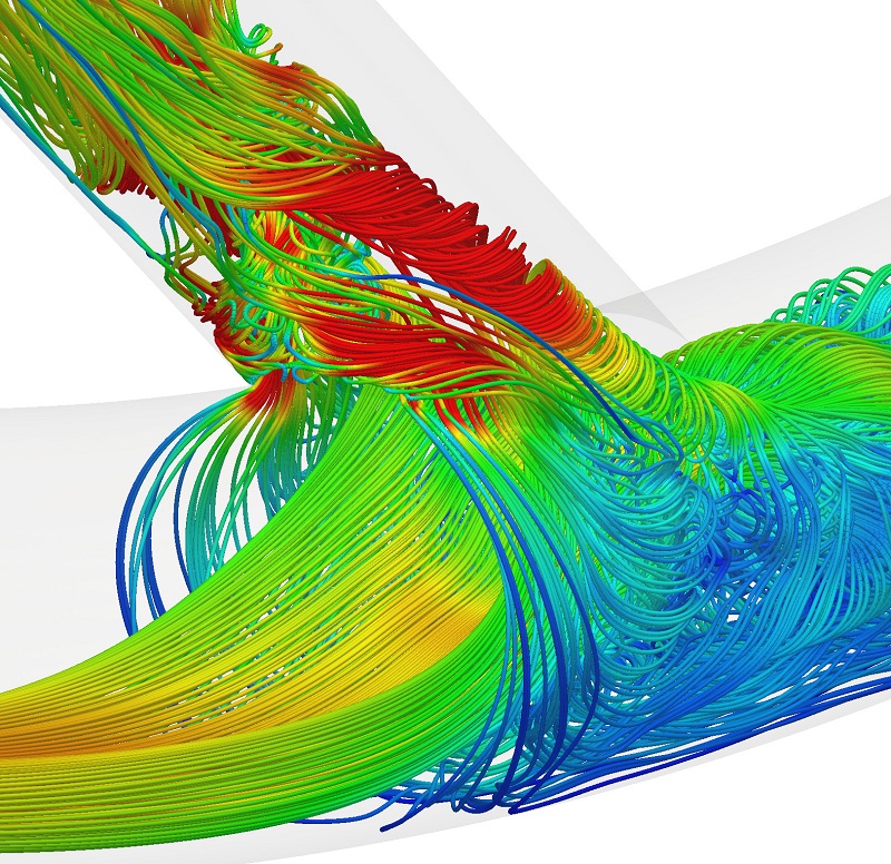Streamlines of flow within an idealized Arterio-Venous Fistulae. The color of the lines corresponds to the speed of the blood—red being highest, and blue lowest. Streamlines of flow within an idealized Arterio-Venous Fistulae. The color of the lines corresponds to the speed of the blood—red being highest, and blue lowest.
