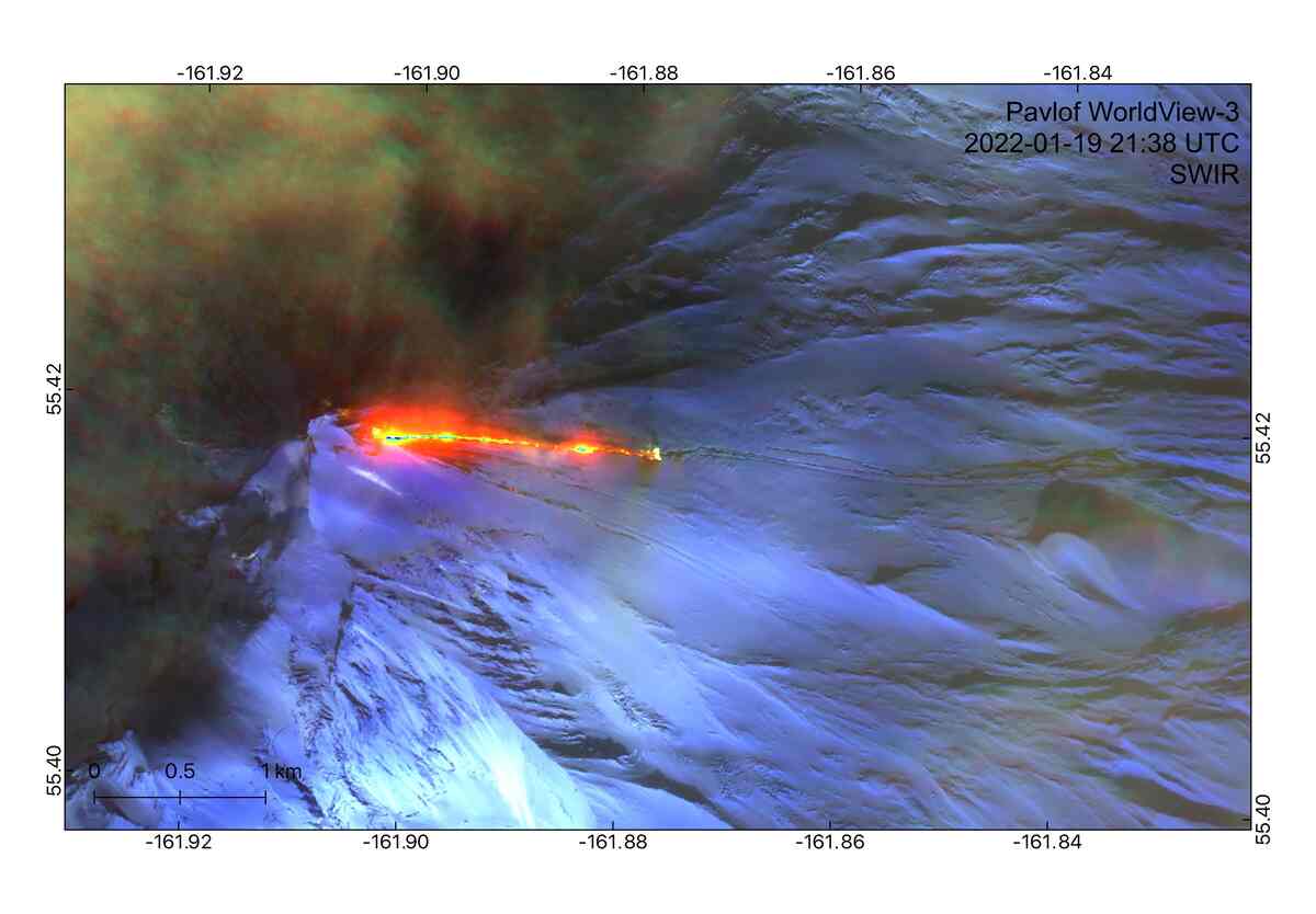 Lava erupted from Pavlof Volcano on Jan. 19, 2022, with the lava flowing almost a mile eastward from the volcano’s eastern flank. Lava erupted from Pavlof Volcano on Jan. 19, 2022, with the lava flowing almost a mile eastward from the volcano’s eastern flank.