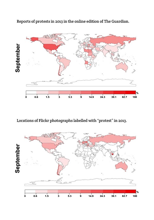 A map of protests across the world recorded on Flickr and The Guardian for September 2013.
