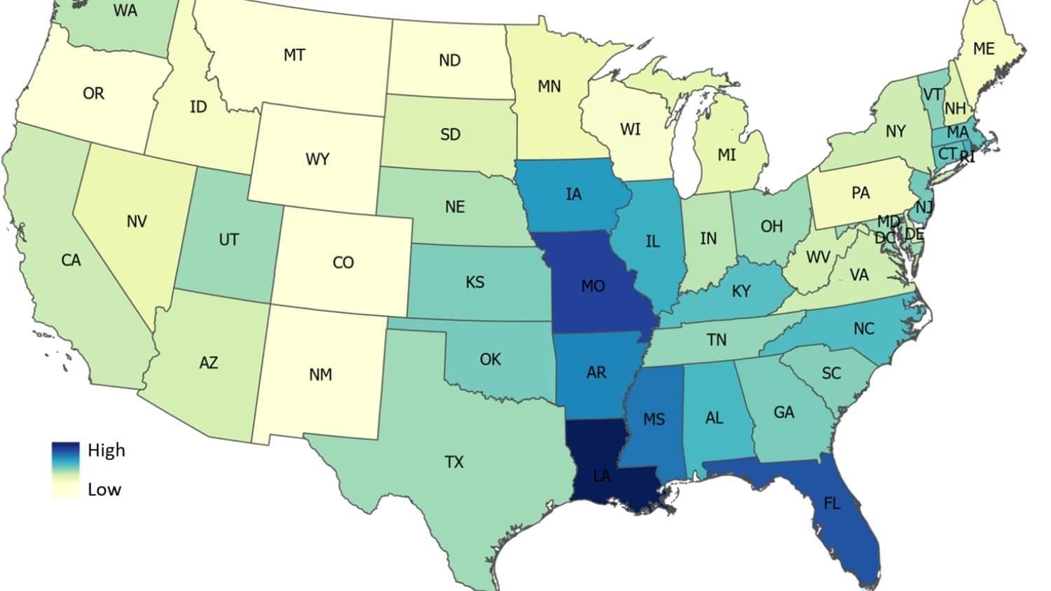 Map of the United States showing predicted average flood damage risk by state or district. Credit: Elyssa Collins.