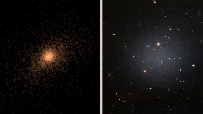 On the left, one of the ultra-diffuse galaxies that was analyzed in the simulation. On the right, the image of the DF2 galaxy, which is almost transparent.  CREDIT ESA/Hubble.