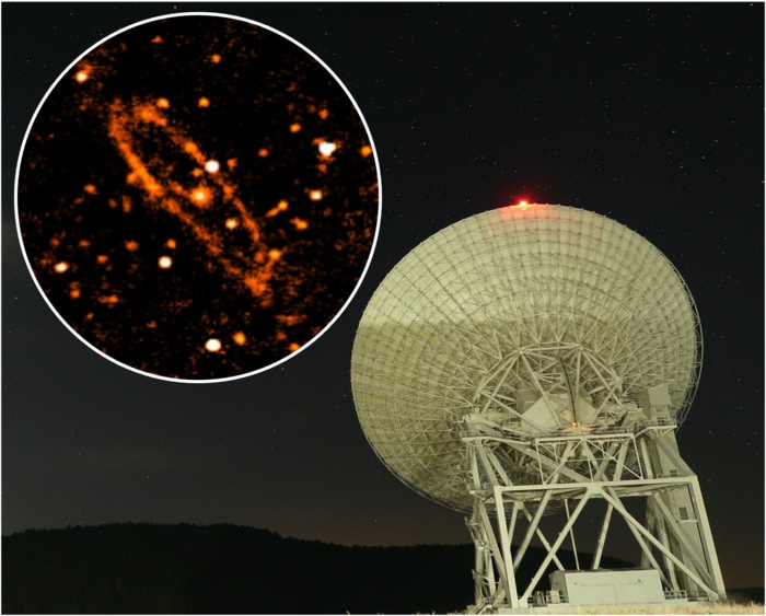 Radio image of Andromeda galaxy at 6.6 GHz (inset), captured using the Sardinia Radio Telescope in Italy. CREDIT S. Fatigoni et al (2021) Radio image of Andromeda galaxy at 6.6 GHz (inset), captured using the Sardinia Radio Telescope in Italy. CREDIT S. Fatigoni et al (2021)