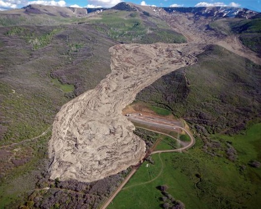 Long-runout This 1994 landslide in Mesa County, Colorado contained 30 million cubic meters or rock and ran out for 2.8 miles. New research helps explain how these large slides are able to run out so far. Jon White/Colorado Geological Survey