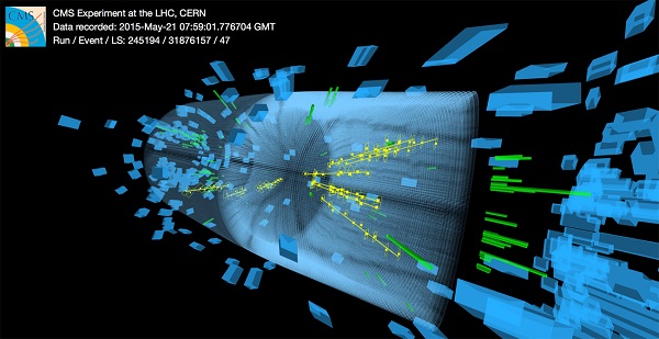 One of the first collisions in the CMS detector at the record-high energy of 13 TeV, taken during testing for the second run of the Large Hadron Collider in late May. (Image: CMS/CERN). One of the first collisions in the CMS detector at the record-high energy of 13 TeV, taken during testing for the second run of the Large Hadron Collider in late May. (Image: CMS/CERN).