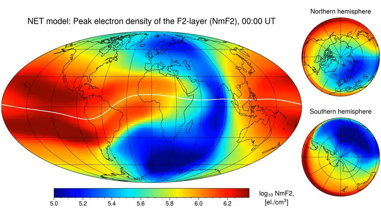 Electron density of the Ionosphere around the Earth for a certain point of time: high values in red, low values in blue. The white line marks the geomagnetic equator. (Figure: CCBY 4.0 Smirnov et al. (2023) 