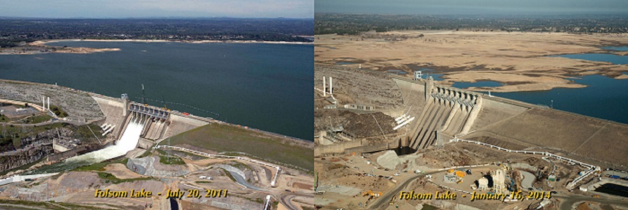 The severity of California's drought is visible at Folsom Lake, near Sacramento. On July 20, 2011, the lake was at 97 percent of capacity; on Jan. 16, 2014, it was at 17 percent. The severity of California's drought is visible at Folsom Lake, near Sacramento. On July 20, 2011, the lake was at 97 percent of capacity; on Jan. 16, 2014, it was at 17 percent.
