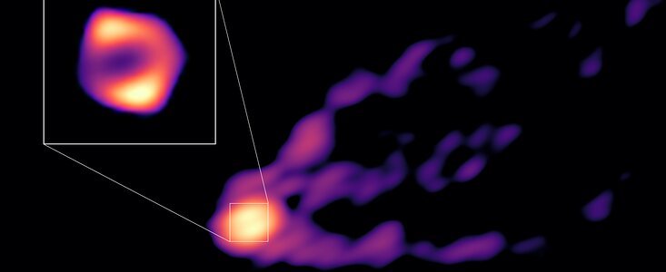 This image shows the jet and shadow of the black hole at the centre of the M87 galaxy together for the first time. The observations were obtained with telescopes from the Global Millimetre VLBI Array (GMVA), the Atacama Large Millimeter/submillimeter Array (ALMA), of which ESO is a partner, and the Greenland Telescope. This image gives scientists the context needed to understand how the powerful jet is formed. The new observations also revealed that the black hole’s ring, shown here in the inset, is 50% larger than the ring observed at shorter radio wavelengths by the Event Horizon Telescope (EHT). This suggests that in the new image we see more of the material that is falling towards the black hole than what we could see with the EHT. Credit: R.-S. Lu (SHAO), E. Ros (MPIfR), S. Dagnello (NRAO/AUI/NSF) This image shows the jet and shadow of the black hole at the centre of the M87 galaxy together for the first time. The observations were obtained with telescopes from the Global Millimetre VLBI Array (GMVA), the Atacama Large Millimeter/submillimeter Array (ALMA), of which ESO is a partner, and the Greenland Telescope. This image gives scientists the context needed to understand how the powerful jet is formed. The new observations also revealed that the black hole’s ring, shown here in the inset, is 50% larger than the ring observed at shorter radio wavelengths by the Event Horizon Telescope (EHT). This suggests that in the new image we see more of the material that is falling towards the black hole than what we could see with the EHT. Credit: R.-S. Lu (SHAO), E. Ros (MPIfR), S. Dagnello (NRAO/AUI/NSF)
