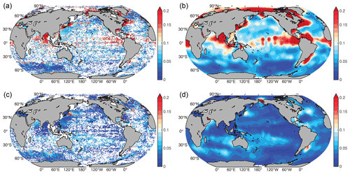 The estimated Var (a quantification of salinity subgrid variability) of in situ observations in this study. The original (a, c) and objectively analyzed fields (b, d) are presented for the depths of 20 m (a, b) and 300 m (c, d), respectively, as two examples. The estimated Var (a quantification of salinity subgrid variability) of in situ observations in this study. The original (a, c) and objectively analyzed fields (b, d) are presented for the depths of 20 m (a, b) and 300 m (c, d), respectively, as two examples.