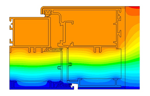 Cross-section of burglary-resistent external doors: Using scientific simulation methods, Fraunhofer researchers have identified the exact points where heat escapes through the aluminum frame (dark color). Cross-section of burglary-resistent external doors: Using scientific simulation methods, Fraunhofer researchers have identified the exact points where heat escapes through the aluminum frame (dark color).