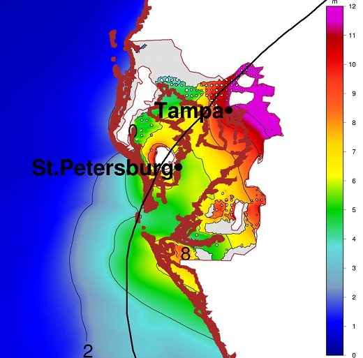 Toward the end of this century (project here for the years 2068 to 2098) the possibility of storm surges of eight to 11 meters (26 to 36 feet) increases significantly in cities not usually expected to be vulnerable to tropical storms, such as Tampa, Florida, according to recent research in the journal Nature Climate Change.