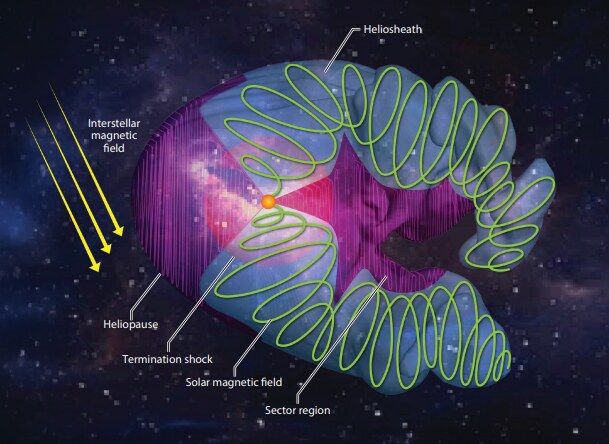 Schematic of the heliosphere. Several elements that form the heliosphere are noted. The width of the sector region is expected to vary with the solar cycle. Figure created by Adam Hong.