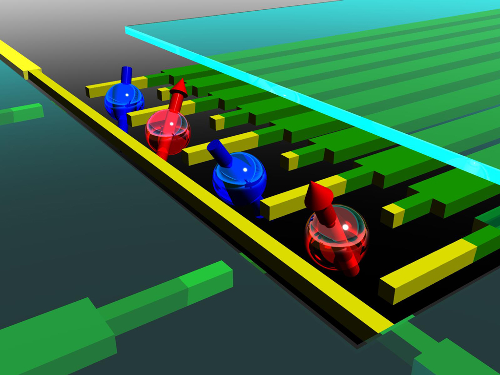 Figure 1: Electrode-defined quantum dots provide a scalable architecture for quantum information processing by trapping electrons and controlling their spin state, either ‘up’ (red) or ‘down’ (blue). © 2014 Matthieu Delbecq and Shinichi Amaha, RIKEN Center for Emergent Matter Science Figure 1: Electrode-defined quantum dots provide a scalable architecture for quantum information processing by trapping electrons and controlling their spin state, either ‘up’ (red) or ‘down’ (blue). © 2014 Matthieu Delbecq and Shinichi Amaha, RIKEN Center for Emergent Matter Science
