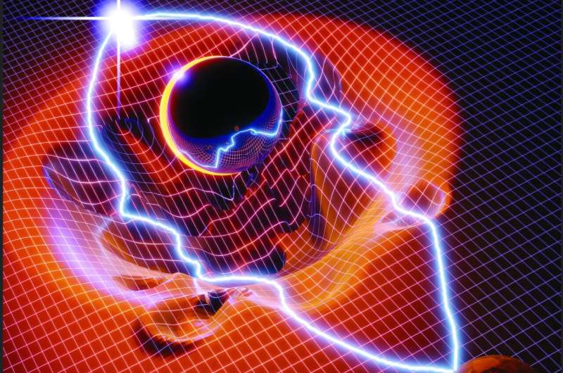 Artist's impression illustrating how wave-like density patterns produced by ultralight dark matter could warp space and alter the path of light from a distant source. As the light travels past the lensing object on its way to Earth, it follows a distorted path shaped by the surrounding mass distribution. The reflective sphere symbolizes the still-unknown nature of dark matter. The image was created using 3D computer graphics software. Credit: Amruth Alfred