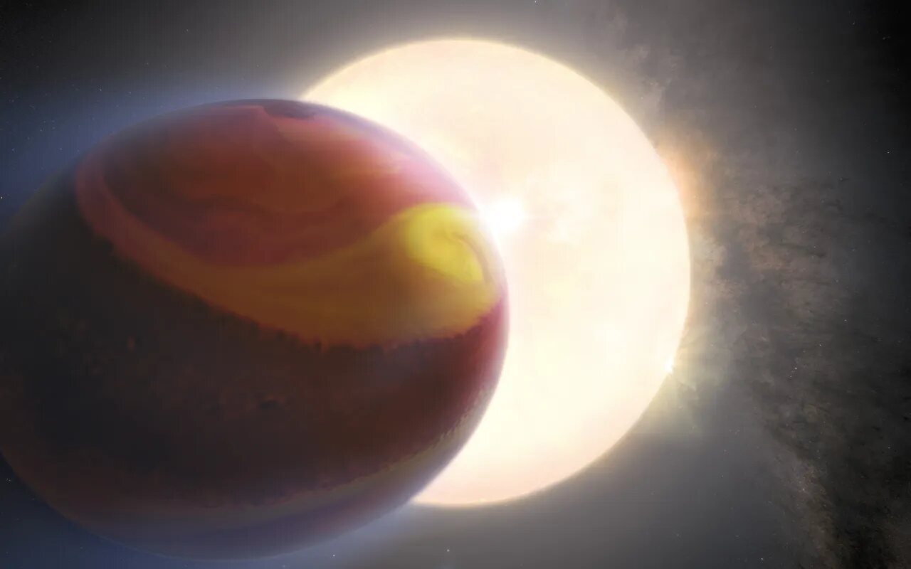 This is an artist's concept of an exoplanet called WASP-121 b, also known as Tylos. The Hubble telescope has provided data that helped scientists detect heavy metals such as magnesium and iron escaping from the exoplanet's upper atmosphere, making it the first such detection. WASP-121 b is an ultra-hot Jupiter exoplanet that orbits dangerously close to its host star, approximately 2.6% of the distance between Earth and the Sun, which puts it at risk of being torn apart by the star's tidal forces. The planet's shape has been altered by the powerful gravitational forces. An international team of astronomers analyzed and reprocessed Hubble observations from 2016, 2018, and 2019, providing them with a unique dataset to compare the state of the exoplanet's atmosphere over several years. They discovered that the observations of WASP-121 b were varying in time and concluded that these temporal variations were caused by weather patterns in the exoplanet's atmosphere. NASA, ESA, Quentin Changeat (ESA/STScI), Mahdi Zamani (ESA/Hubble) This is an artist's concept of an exoplanet called WASP-121 b, also known as Tylos. The Hubble telescope has provided data that helped scientists detect heavy metals such as magnesium and iron escaping from the exoplanet's upper atmosphere, making it the first such detection. WASP-121 b is an ultra-hot Jupiter exoplanet that orbits dangerously close to its host star, approximately 2.6% of the distance between Earth and the Sun, which puts it at risk of being torn apart by the star's tidal forces. The planet's shape has been altered by the powerful gravitational forces. An international team of astronomers analyzed and reprocessed Hubble observations from 2016, 2018, and 2019, providing them with a unique dataset to compare the state of the exoplanet's atmosphere over several years. They discovered that the observations of WASP-121 b were varying in time and concluded that these temporal variations were caused by weather patterns in the exoplanet's atmosphere. NASA, ESA, Quentin Changeat (ESA/STScI), Mahdi Zamani (ESA/Hubble)
