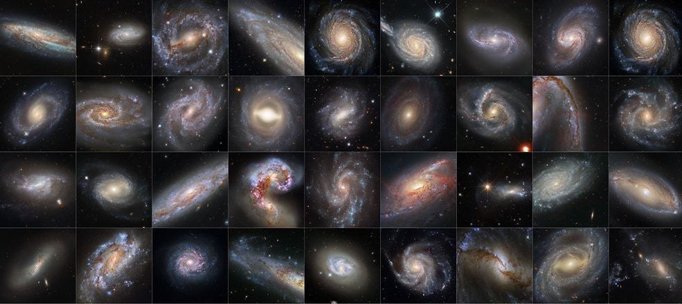 This collection of 36 images from NASA's Hubble Space Telescope features galaxies that are all hosts to both Cepheid variables and supernovae. These two celestial phenomena are both crucial tools used by astronomers to determine astronomical distance, and have been used to refine our measurement of the Hubble constant, the expansion rate of the universe.  The galaxies shown in this photo (from top row, left to bottom row, right) are: NGC 7541, NGC 3021, NGC 5643, NGC 3254, NGC 3147, NGC 105, NGC 2608, NGC 3583, NGC 3147, Mrk 1337, NGC 5861, NGC 2525, NGC 1015, UGC 9391, NGC 691, NGC 7678, NGC 2442, NGC 5468, NGC 5917, NGC 4639, NGC 3972, The Antennae Galaxies, NGC 5584, M106, NGC 7250, NGC 3370, NGC 5728, NGC 4424, NGC 1559, NGC 3982, NGC 1448, NGC 4680, M101, NGC 1365, NGC 7329, and NGC 3447. Credits: NASA, ESA, Adam G. Riess (STScI, JHU)