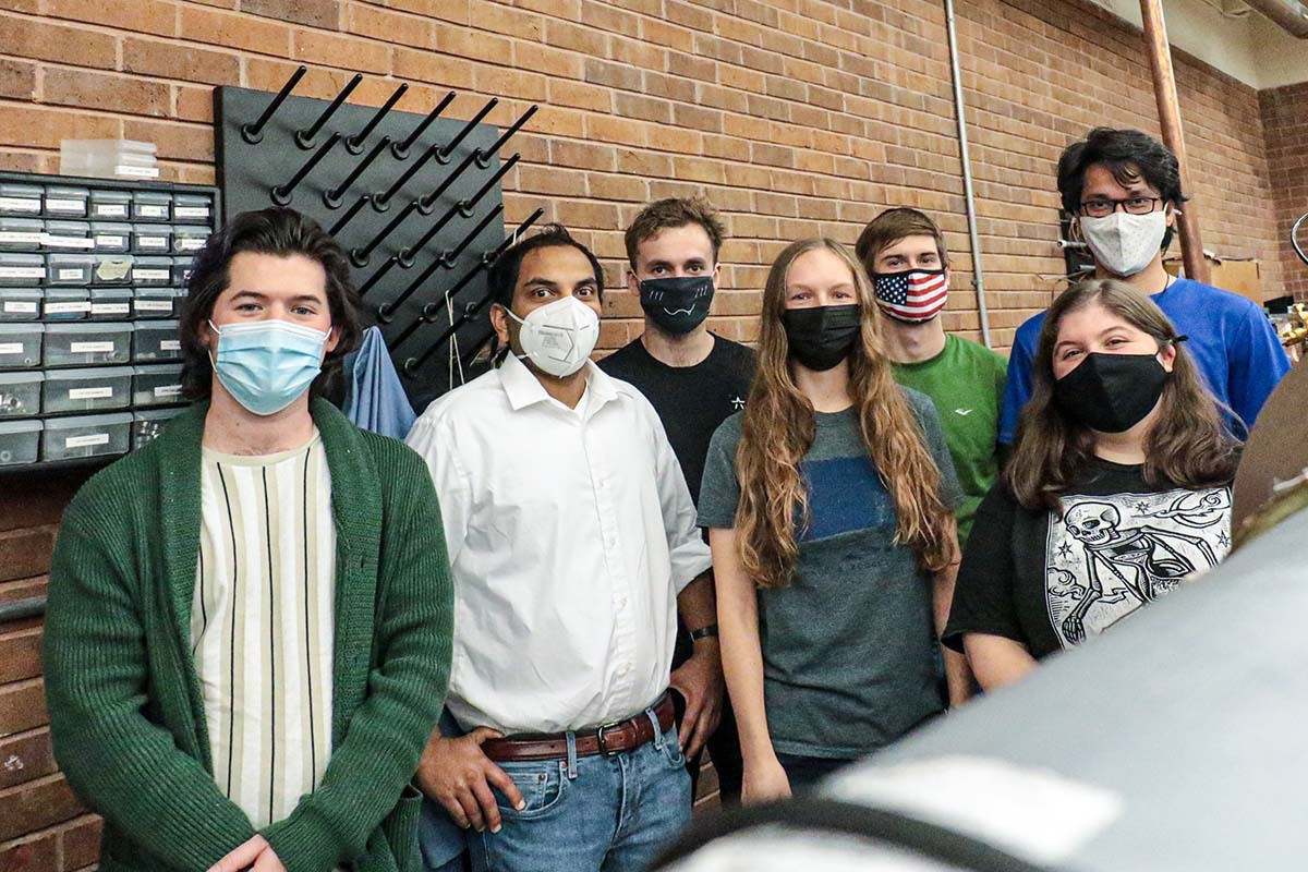 hypersonic raindrop Mechanical and Aerospace Engineering Professor Subith Vasu’s research team will perform experiments using a shock tube to study the effects of hypersonic shockwaves on droplets. Pictured here are team members, from left to right, Nicolas Berube, Subith Vasu, Artem Arakelyan, Jacklyn Higgs, Daniel Dyson, Sydney Briggs and Farhan Arafin.group for web 9db0a