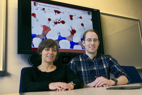 Daniel Elton and Marivi Fernandez-Serra used computer simulation models of water developed at Stony Brook’s Institute for Advanced Computational Science to discover its molecular properties are similar to ice. Daniel Elton and Marivi Fernandez-Serra used computer simulation models of water developed at Stony Brook’s Institute for Advanced Computational Science to discover its molecular properties are similar to ice.