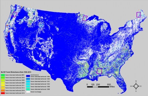 Four Landsat path/row footprints in purple, which were selected for accuracy assessment, are overlaid on the National Land Cover Database (NLCD) Forest Disturbance Date 1986-2019 science product. Four Landsat path/row footprints in purple, which were selected for accuracy assessment, are overlaid on the National Land Cover Database (NLCD) Forest Disturbance Date 1986-2019 science product.