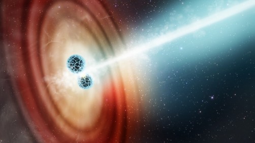 This is an artist's impression of two neutron stars colliding. The smashup between two dense stellar remnants unleashes the energy of 1,000 standard stellar nova explosions. In the aftermath of the collision a blowtorch jet of radiation is ejected at nearly the speed of light. The jet is directed along a narrow beam confined by powerful magnetic fields. The roaring jet plowed into and swept up material in the surrounding interstellar medium.  Credit: ARTWORK: NASA, ESA, Elizabeth Wheatley (STScI)