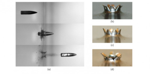 Image sequence of projectiles being fired through three different steel plates. The pictures on the right show the exit holes in the various plates. Image sequence of projectiles being fired through three different steel plates. The pictures on the right show the exit holes in the various plates.