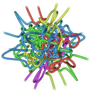 CAPTION Tangled quantum vortices. Each vortex line is shaded in a different color, and may be knotted or linked with the others.