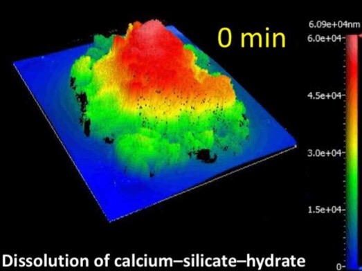 CAPTION This is a visualization of the dissolution of a C-S-H grain following its repetitive contact with an aqueous solvent. These visualizations which were enabled using vertical scanning interferometry (VSI) provide access to the surface topography at nanoscale resolution. CREDIT G. Sant and M. Bauchy/UCLA