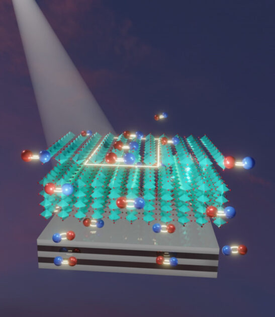 This illustration from the Guo Lab shows the interaction between a perovskite material (cyan) and a substrate of metal-dielectric material. The red and blue pairings are electron-hole pairs. Mirror images reflected from the substrate reduce the ability of excited electrons in the perovskite to recombine with their atomic cores, increasing the efficiency of the perovskite to harvest solar light. (Illustration by Chloe Zhang)