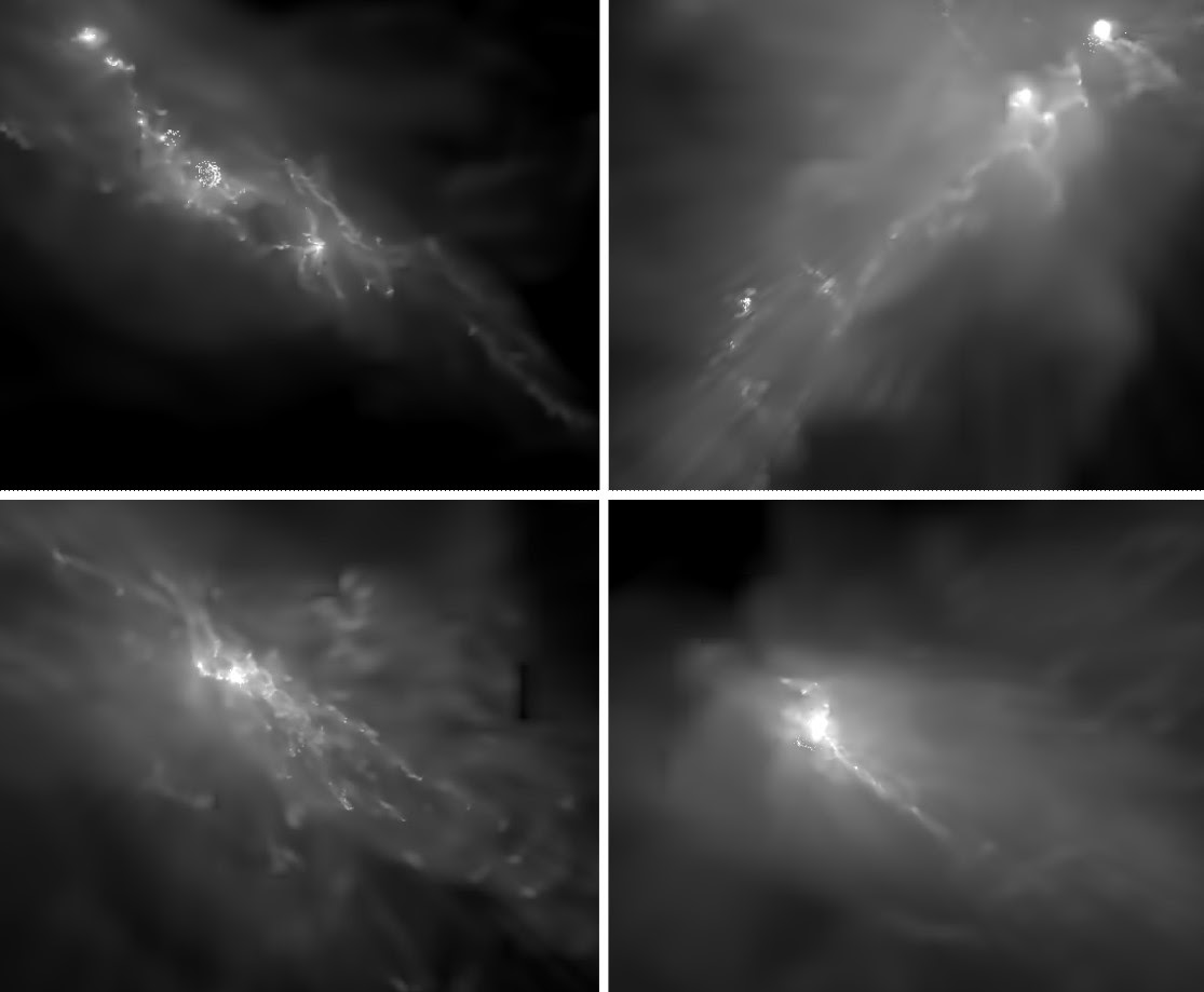 Synthetic images of the first galaxies based on simulations from Chen et al. These galaxies have irregular shapes and multiple bright spots indicating separating star-forming regions. Image Credit: ASIAA/Meng-Yuan Ho Synthetic images of the first galaxies based on simulations from Chen et al. These galaxies have irregular shapes and multiple bright spots indicating separating star-forming regions. Image Credit: ASIAA/Meng-Yuan Ho