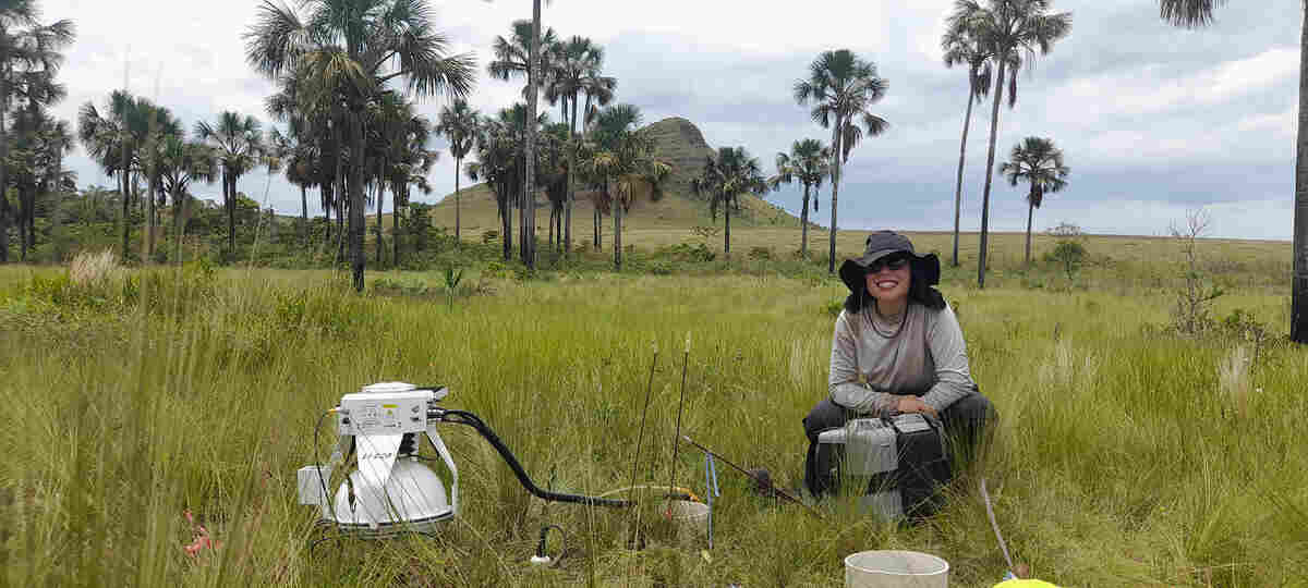 Larissa Verona measures greenhouse gas emissions from the soil using the LI-COR instrument. Photo: Juliana Di Beo