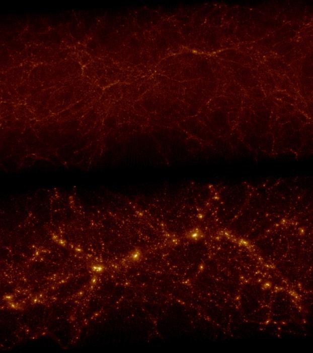 Screenshots from the simulation show (top) the distribution of matter corresponding to the observed galaxy distribution at a light travel time of 11 billion years (when the Universe was only 2.76 billion years old or 20% its current age), and (bottom) the distribution of matter in the same region after 11 billion lights years or corresponding to our present time.  CREDIT Ata et al.
