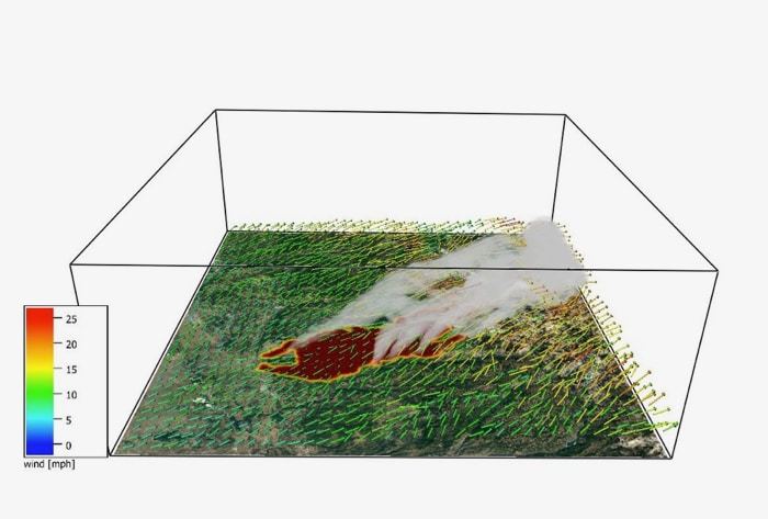 Screenshot of a simulation of the Caldor Fire created with the weather-fire-smoke model. Green lines indicate wind direction, red and yellow area indicates fire perimeter, and gray cloud represents smoke.  CREDIT Adam Kochanski/San Jose State University and Tim Brown/DRI.