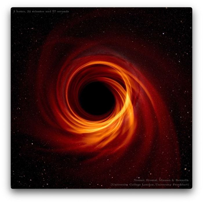 Example of a simulation of how the gas orbits the black hole in the center of our Milky Way and emits radio waves at 1.3 mm.  CREDIT Younsi, Fromm, Mizuno & Rezzolla (University College London, Goethe University Frankfurt