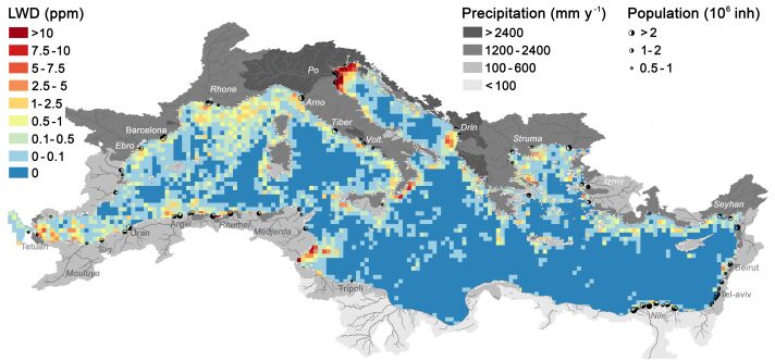 Map displaying the amount of litter (measured in parts per million) in the Mediterranean Sea, as estimated by satellite. Map displaying the amount of litter (measured in parts per million) in the Mediterranean Sea, as estimated by satellite.