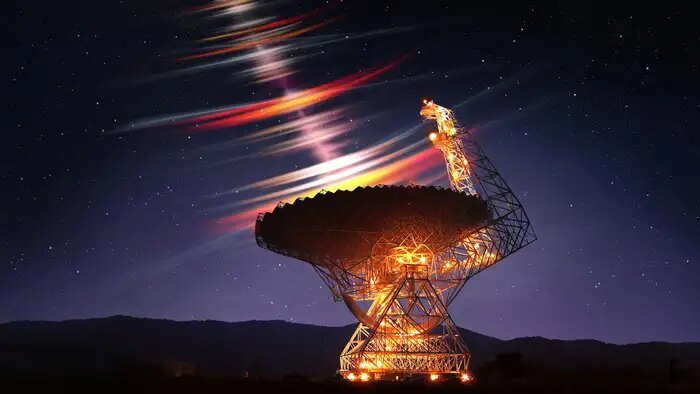 Artist's impression of the discovery of microsecond bursts. The foreground shows the Green Bank Telescope (United States) with which the research was done. Incoming radio waves are shown as white, red, and orange streaks that follow each other in rapid succession. The long red streaks are the previously known millisecond flashes. (c) Daniëlle Futselaar/www.artsource.nl Artist's impression of the discovery of microsecond bursts. The foreground shows the Green Bank Telescope (United States) with which the research was done. Incoming radio waves are shown as white, red, and orange streaks that follow each other in rapid succession. The long red streaks are the previously known millisecond flashes. (c) Daniëlle Futselaar/www.artsource.nl
