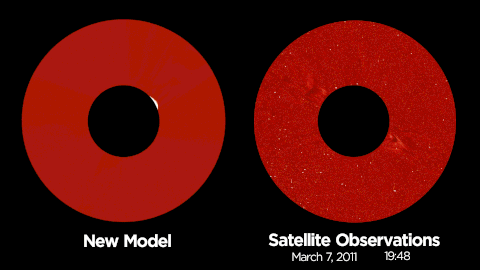 CAPTION These animated images show the propagation of a CME as it erupts from the sun and travels through space, comparing actual NASA and ESA's SOHO satellite observations on the right to the simulation from the new CME-modeling tool at the Community Coordinated Modeling Center on the left. SOHO observed this CME on March 7, 2011. CREDIT NASA/CCMC/University of Michigan/Joy Ng CAPTION These animated images show the propagation of a CME as it erupts from the sun and travels through space, comparing actual NASA and ESA's SOHO satellite observations on the right to the simulation from the new CME-modeling tool at the Community Coordinated Modeling Center on the left. SOHO observed this CME on March 7, 2011. CREDIT NASA/CCMC/University of Michigan/Joy Ng